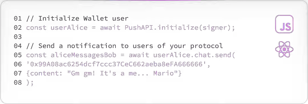 Illustration showing 2 lines of code required for Push Protocol integration